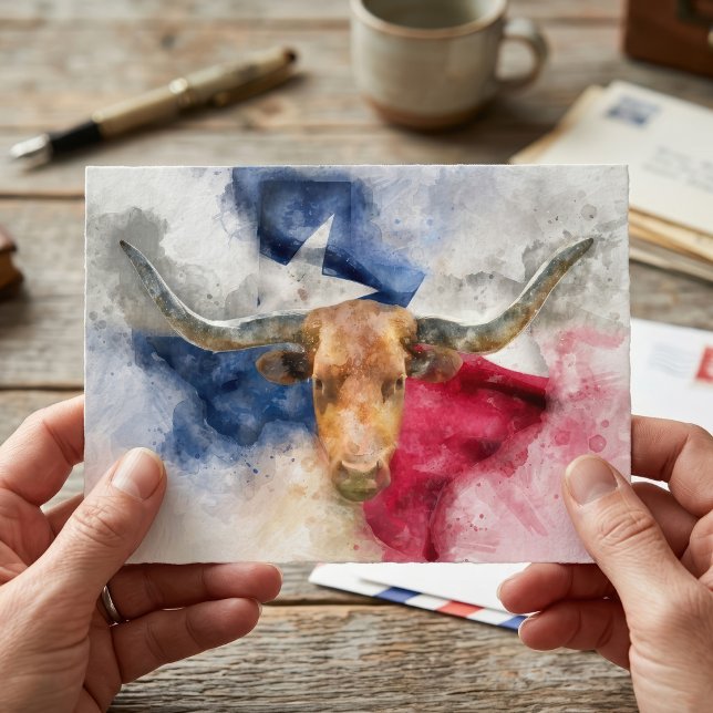 Postale Aquarelle Longhorn du Texas avec carte du drapeau  (Texas Longhorn Watercolor with Flag Map Art. Postcard )