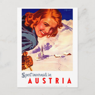 Postale Autriche, femme heureuse en ski, carte de voyage v