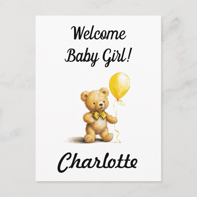 Postale Baby Shower, Carte Ourson Personnalisée, Unisexe, (Devant)