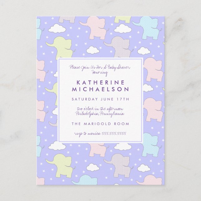 Postale Baby shower | Purple Pastel Elephants Carte postal (Devant)