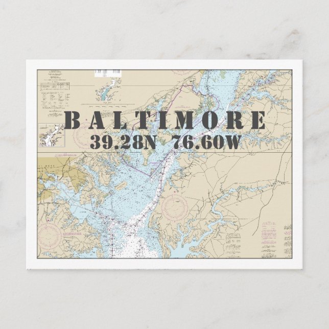 Postale Baltimore MD Carte marine Latitude Longitude (Devant)