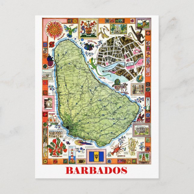 Postale Barbade, carte de l'île, attractions touristiques, (Devant)