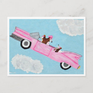 Postale Basset Hound en cabriolet rose dans le ciel Carte