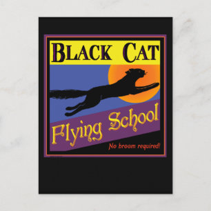 Postale Black Cat Flying School Carte de voeux Halloween