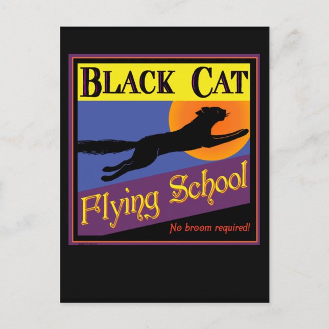 Postale Black Cat Flying School Carte de voeux Halloween (Devant)