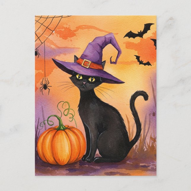 Postale Black Cat Spiders Citrouille Bats Halloween Carte  (Devant)