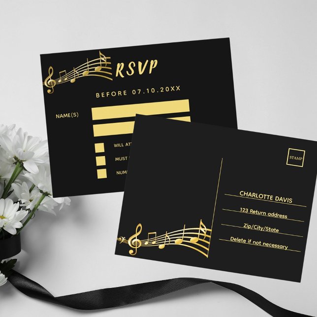Postale Black gold notes retour adresse carte RSVP (Créateur téléchargé)