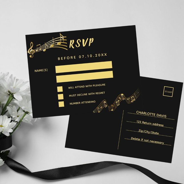 Postale Black gold notes retour adresse carte RSVP (Créateur téléchargé)