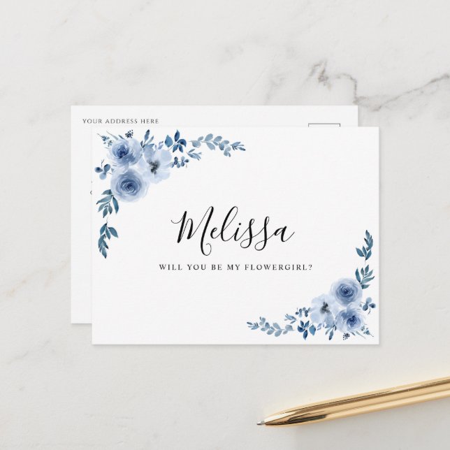 Postale bleu poussiéreux floral vous serez fleurie carte (Devant/Arrière en situation)