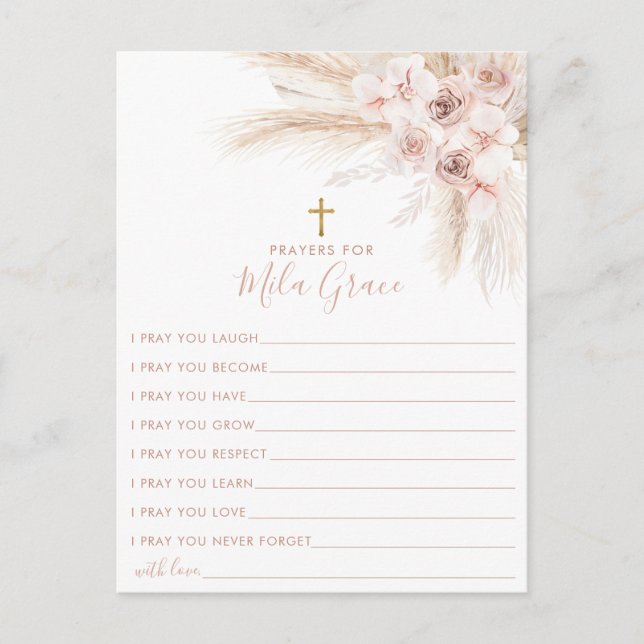 Postale Boho Pampas Pink Girl Floral Baptism Carte de priè (Devant)