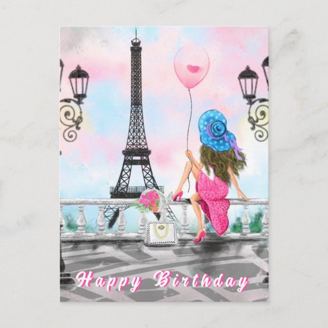 Postale Bonne Carte Anniversaire Femme À Paris Tour Eiffel (Devant)