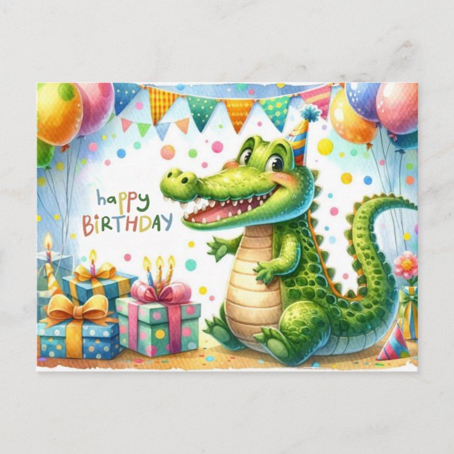 Postale Bonne carte d'anniversaire Alligator Party (Devant)
