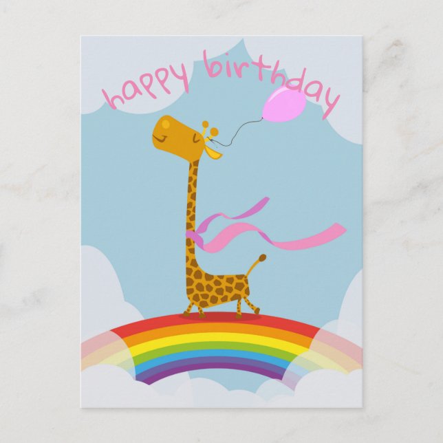 Postale Bonne carte d'anniversaire avec girafe sur arc-en- (Devant)