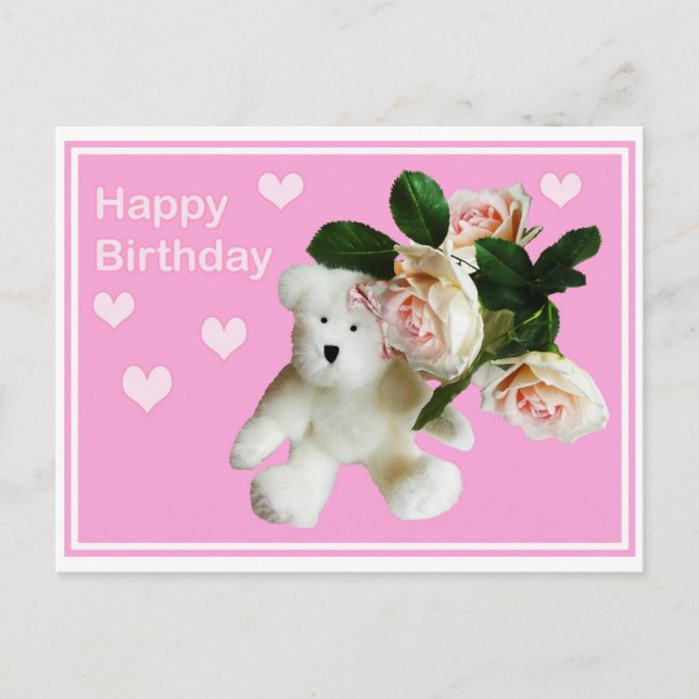 Postale Bonne carte d'anniversaire Ours en peluche et rose (Devant)