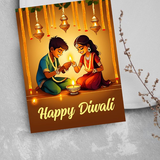 Postale Bonne carte de voeux Diwali (Happy Diwali greetings postcard Indian boy and Indian girl lighting diya lamps religious greetings )