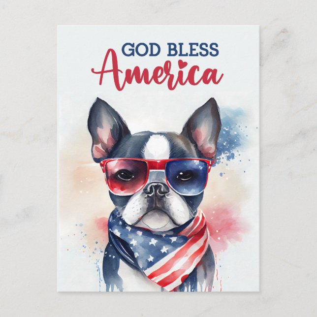 Postale Boston Terrier, Dieu bénisse l'Amérique Carte post (Devant)