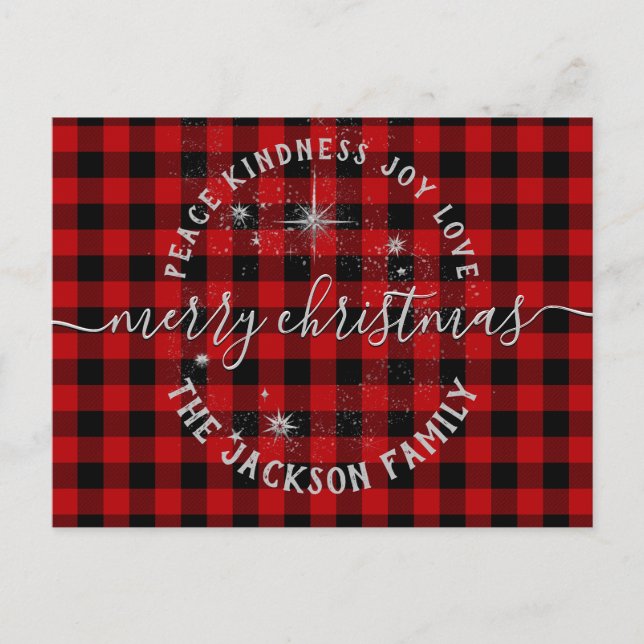 Postale Buffalo Plaid Argent Script Joyeuse carte de Noël (Devant)