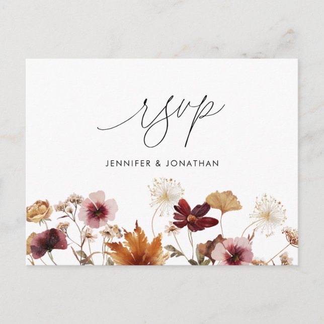 Postale Burgundy Boho Automne Floral Mariage RSVP Carte po (Devant)