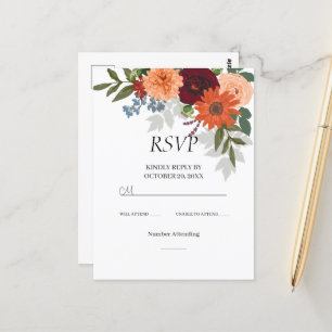 Postale Burgundy Fall Garden Floral Wedding Carte RSVP