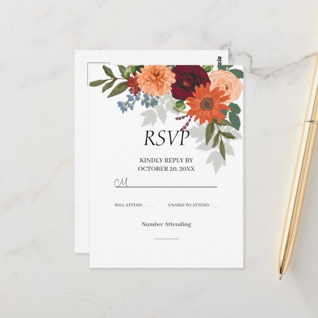 Postale Burgundy Fall Garden Floral Wedding Carte RSVP (Devant/Arrière en situation)