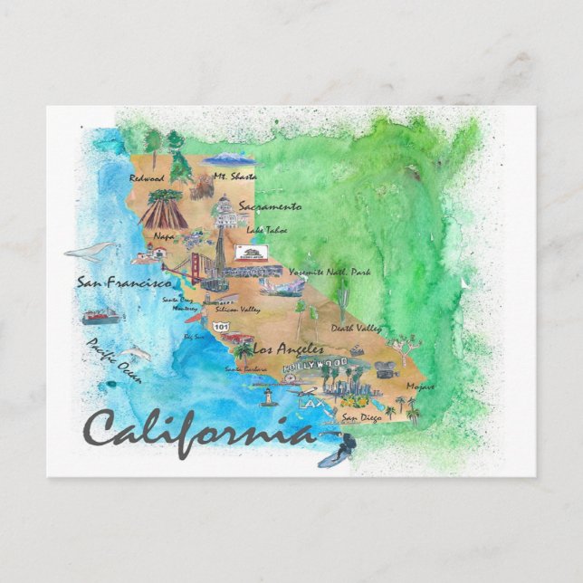 Postale Californie avec carte touristique (Devant)