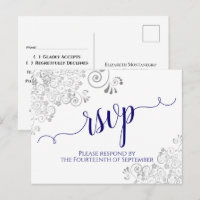 Calligraphie dentelle bleu marine sur carte blanch