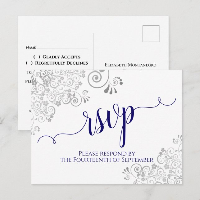 Postale Calligraphie dentelle bleu marine sur carte blanch (Devant / Derrière)