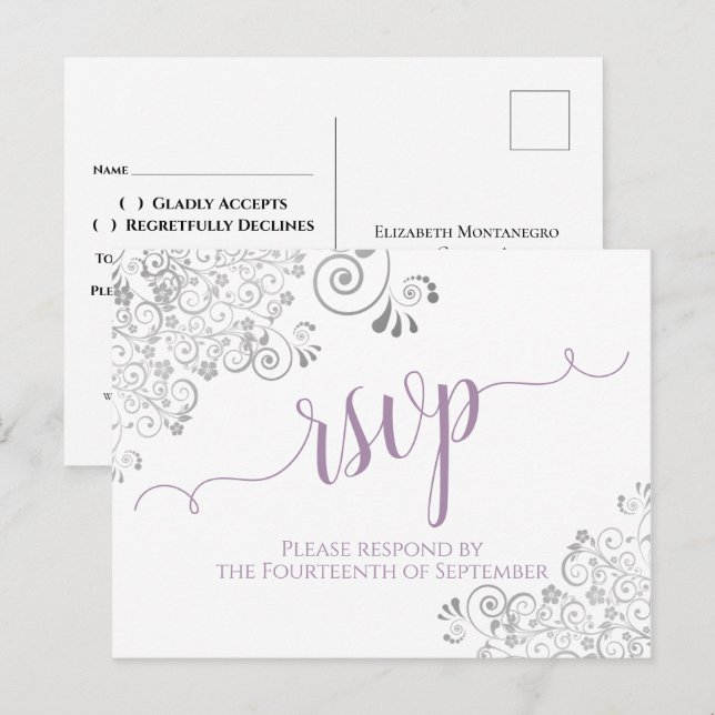Postale Calligraphie Dentelle Lavande sur Carte de Réponse (Devant / Derrière)