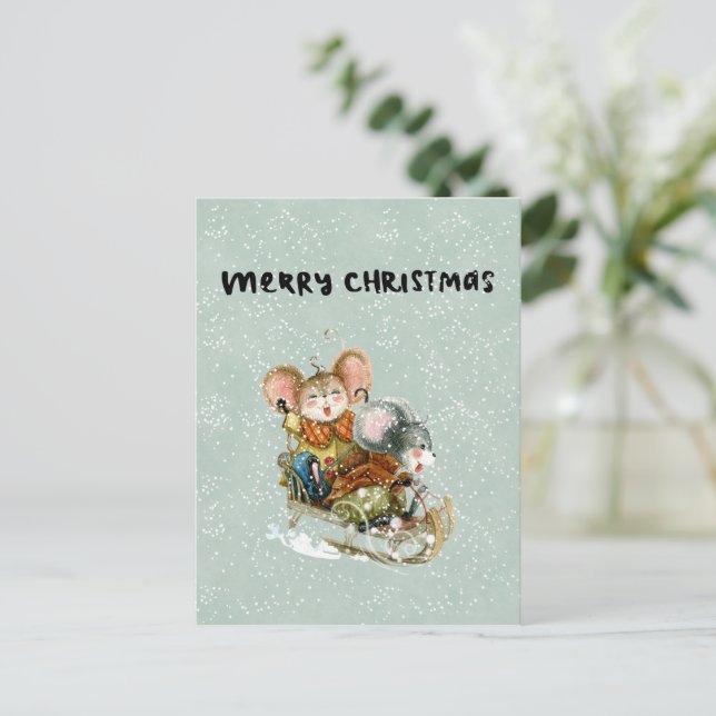 Postale Carte (10,8 cm x 14,2 cm) - Double Mice On A Sleig (Debout devant)