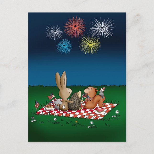 Postale Carte 4 juillet humoristique avec Fireworks - Ami (Devant)