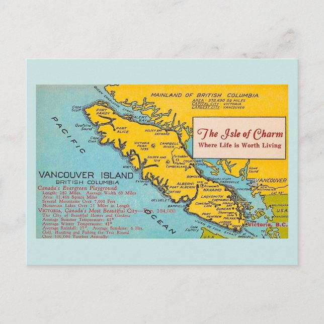 Postale Carte ancienne de l'île de Vancouver Bleue Carte p (Devant)