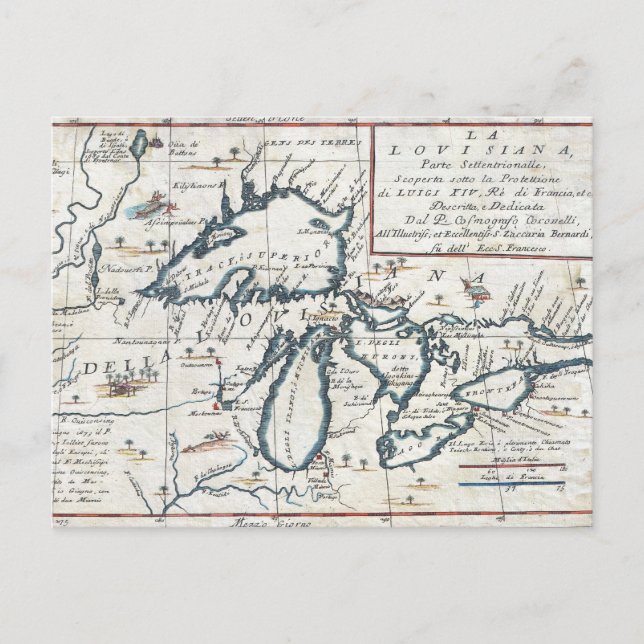 Postale Carte ancienne des Grands Lacs, 17e siècle (Devant)