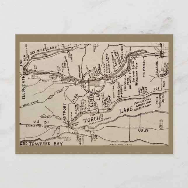 Postale Carte ancienne du lac Torch Michigan (Devant)