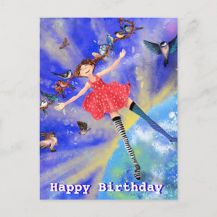 Postale Carte Anniversaire - Bonne fille aux oiseaux