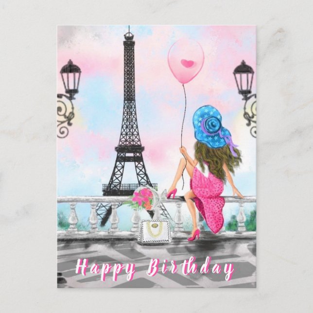 Postale Carte Anniversaire Femme À Paris (Devant)