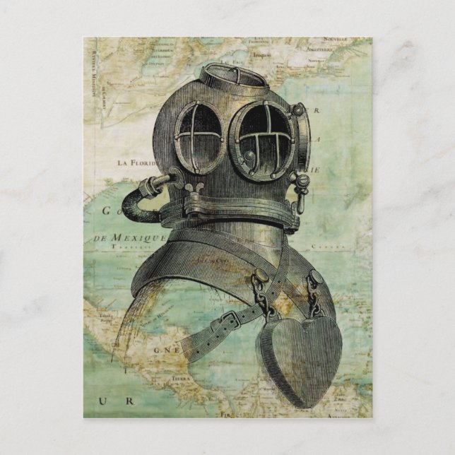 Postale Carte Antique Nautique et Casque de plongée (Devant)