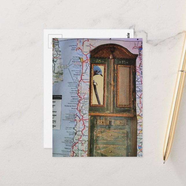 Postale Carte avec oiseau dans un collage de commode (Devant/Arrière en situation)