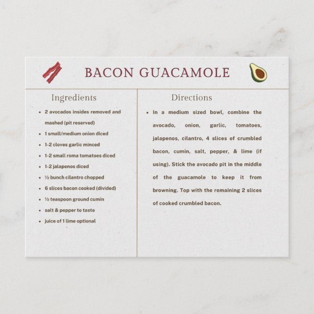 Postale Carte Bacon Guacamole Thanksgiving Recette (Devant)