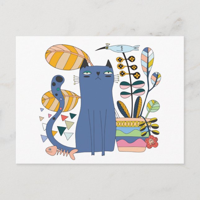 Postale Carte "Chat mignon et oiseau" (Devant)