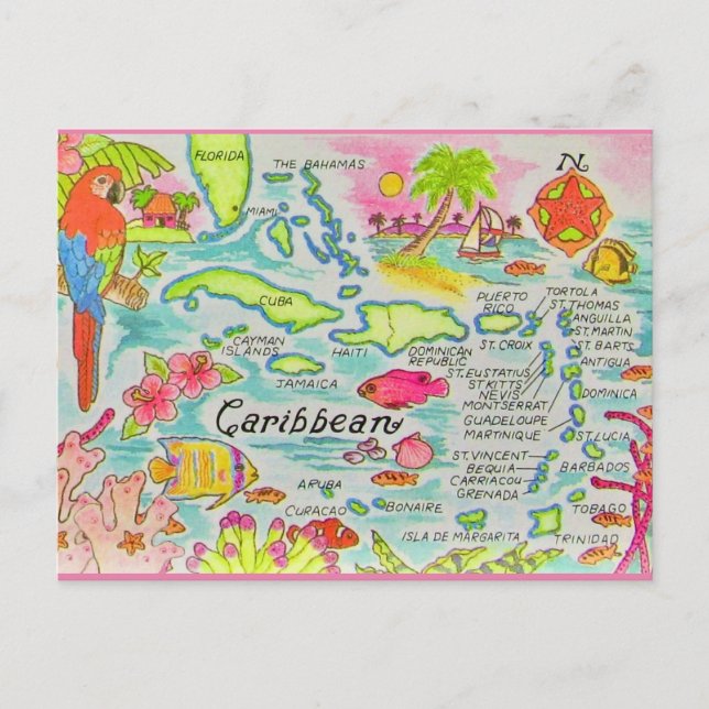 Postale Carte colorée des îles des Caraïbes (Devant)