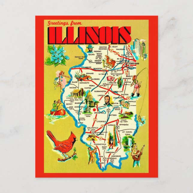 Postale Carte colorée illustrée de l'Illinois (Devant)
