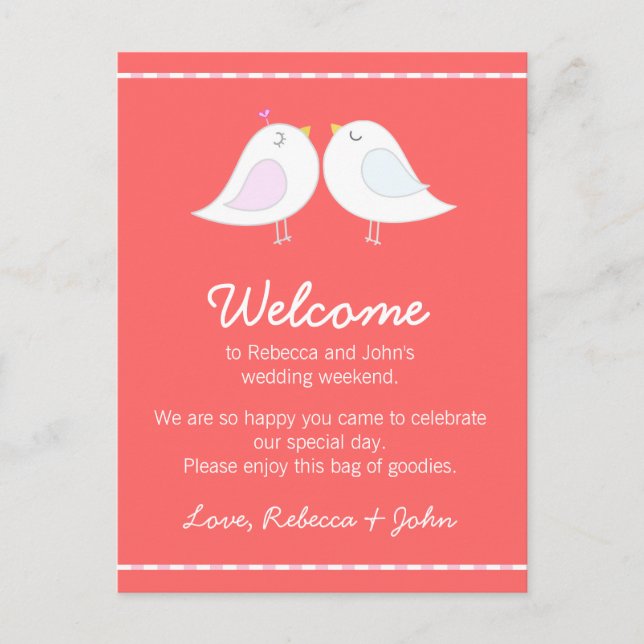 Postale Carte d'accueil Mariage rose Inséparables (Devant)