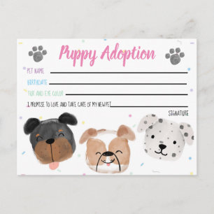 Postale Carte d'adoption de chiot en peluche pour cadeau d