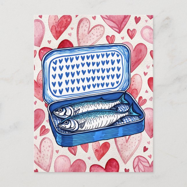 Postale Carte d'amour aux sardines vintage à l'aquarelle (Devant)