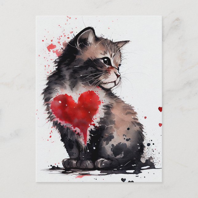 Postale Carte d'amour mignonne chat et coeur rouge (Devant)