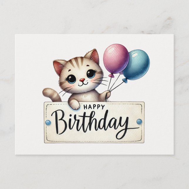 Postale Carte d'anniversaire Adorable Chat avec Ballons (Devant)