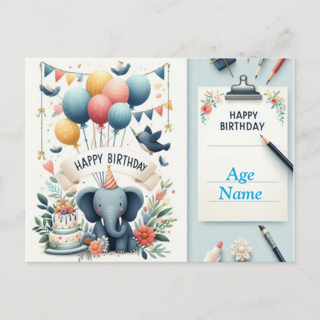 Postale Carte d'anniversaire adorable Eléphant - Ballons (Devant)