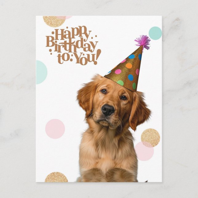 Postale Carte d'anniversaire avec chiot en chapeau de fête (Devant)