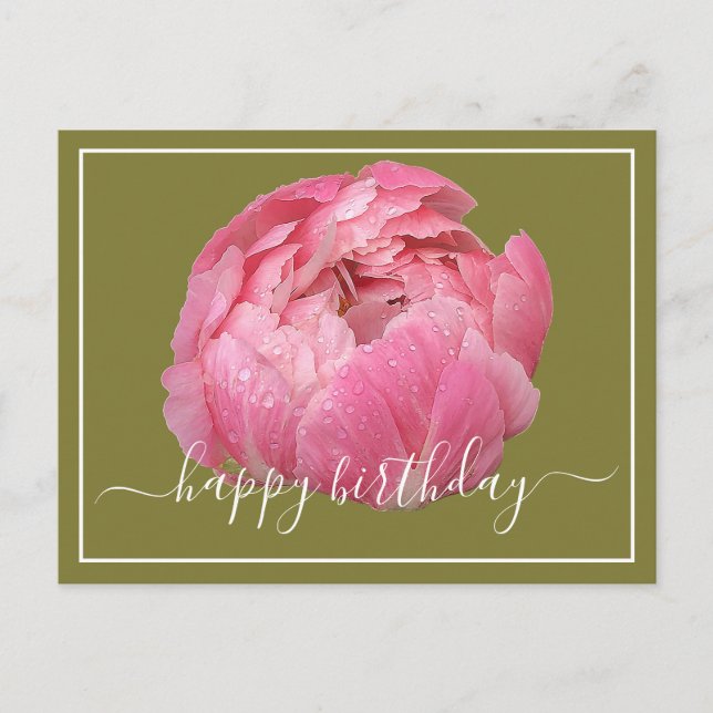 Postale Carte d'anniversaire avec pivoine rose et gouttes  (Devant)