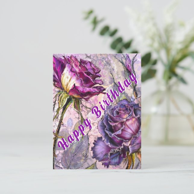 Postale Carte d'anniversaire avec roses violettes (Debout devant)